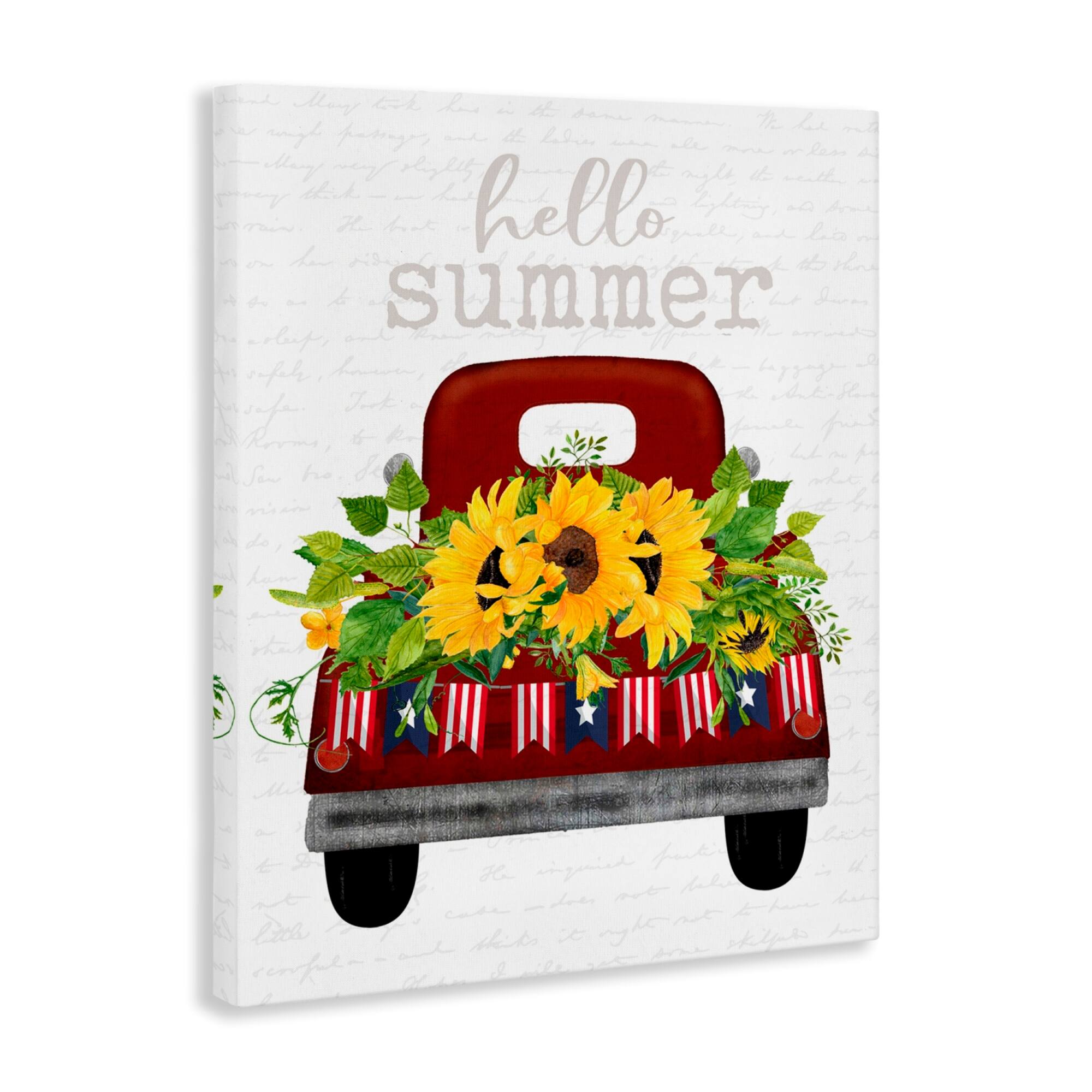 Stupell Industries Hello Summer Quote Sunflower Flower Patriotic Truck Canvas Wall Art